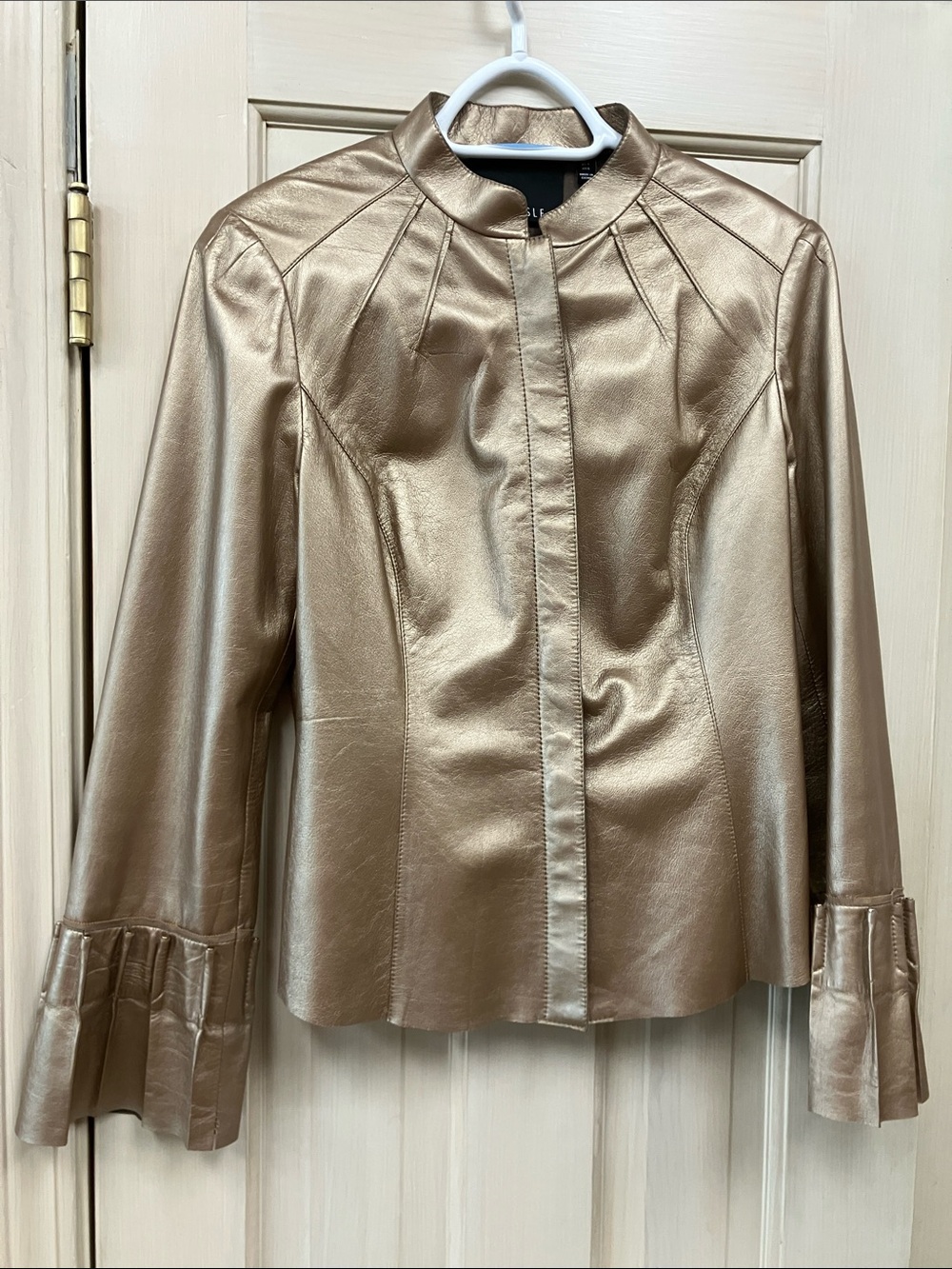 Carlisle Metallic Gold Leather Jacket with Ruffled Cuffs